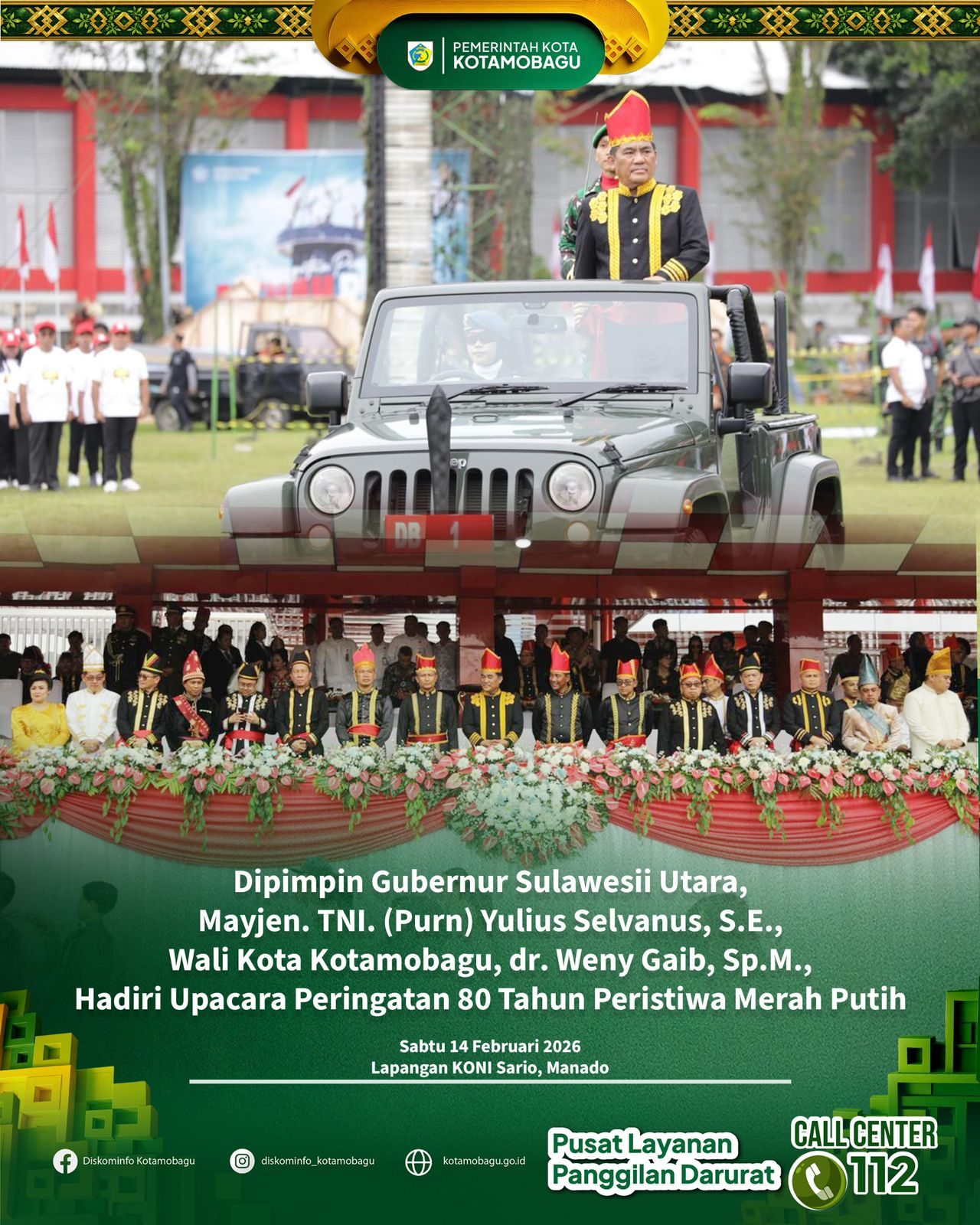 Wali Kota Kotamobagu Hadiri Upacara Peringatan 80 Tahun Peristiwa Merah Putih di Manado