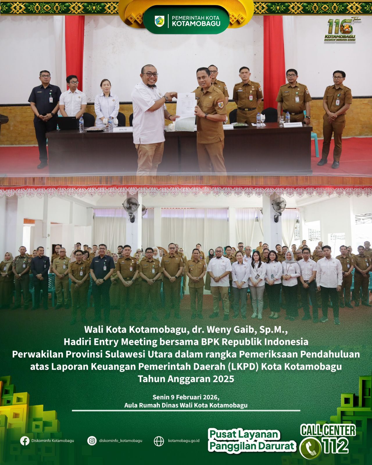 Wali Kota Kotamobagu Hadiri Entry Meeting Pemeriksaan Pendahuluan LKPD Tahun Anggaran 2025