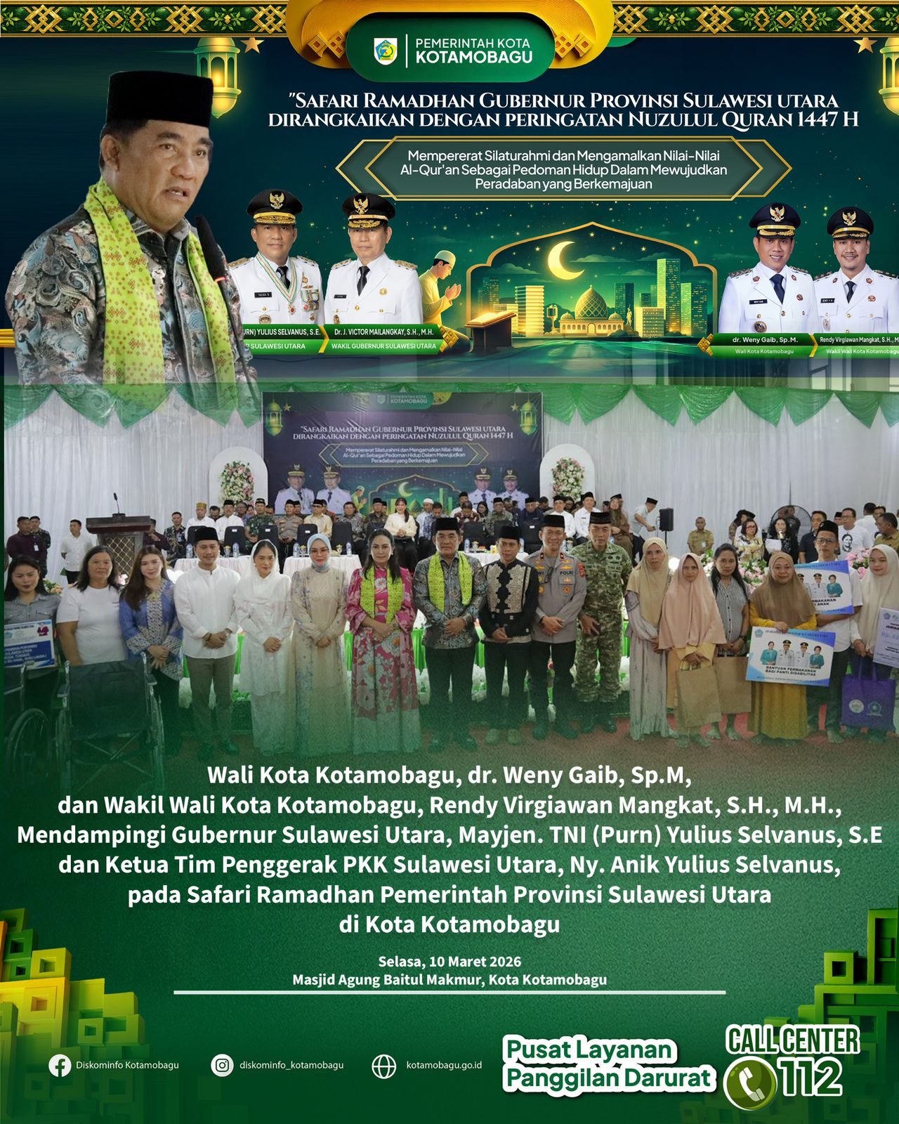 Wali Kota dan Wakil Wali Kota Kotamobagu Dampingi Gubernur Sulut pada Safari Ramadhan di Masjid Agung Baitul Makmur