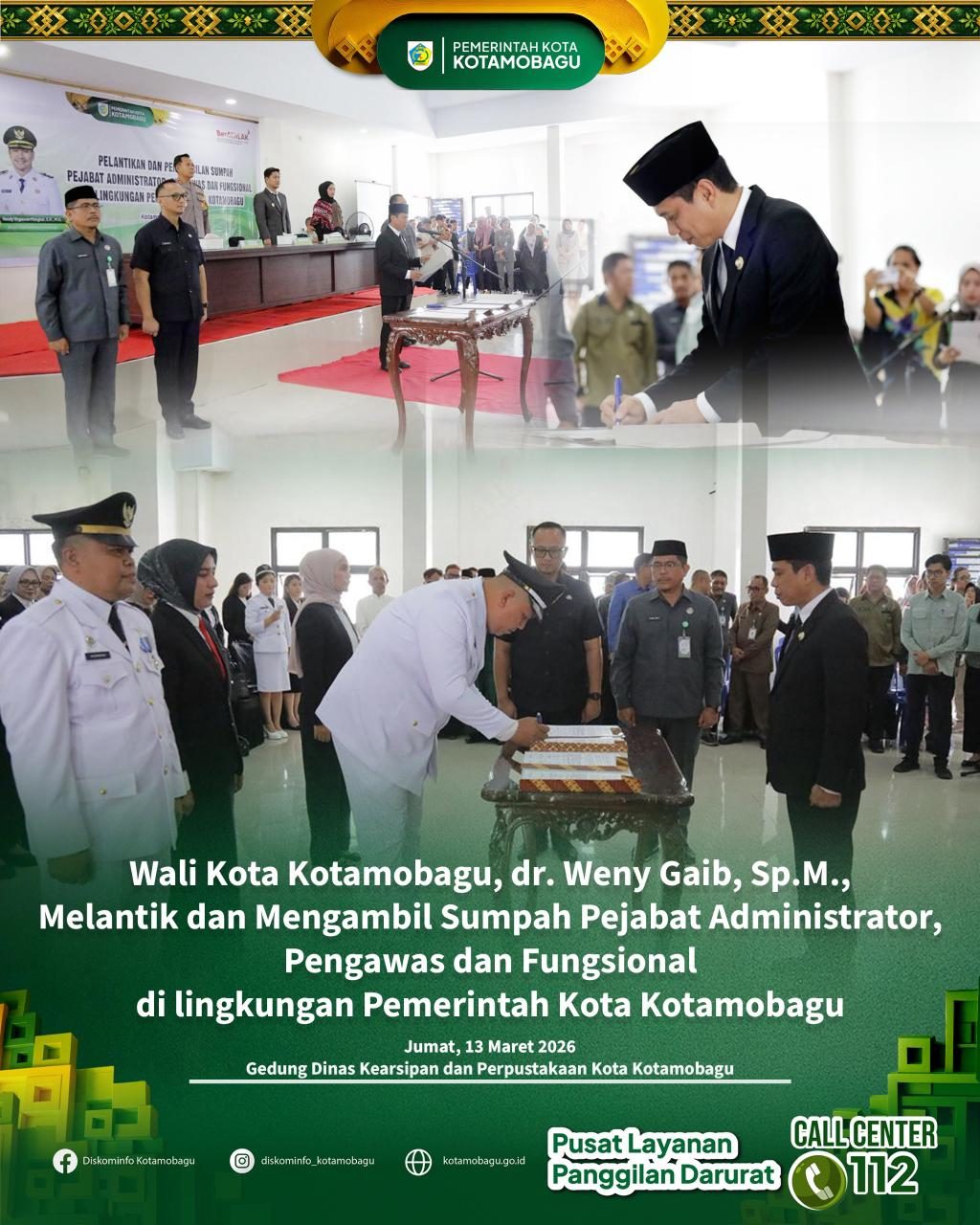 Wali Kota Kotamobagu Lantik dan Ambil Sumpah Pejabat Administrator, Pengawas dan Fungsional