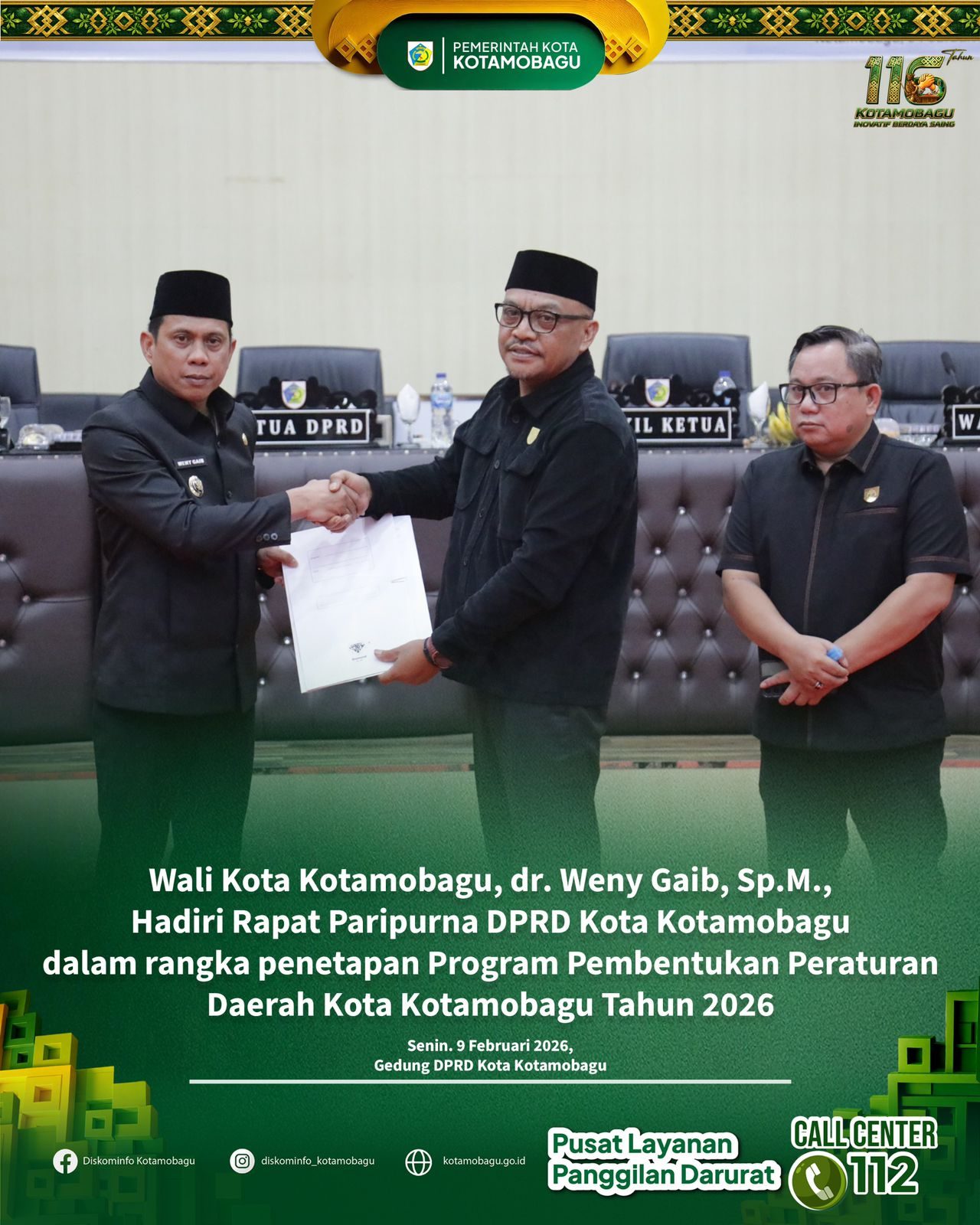 Wali Kota Kotamobagu Hadiri Rapat Paripurna DPRD Penetapan Program Pembentukan Peraturan Daerah Tahun 2026
