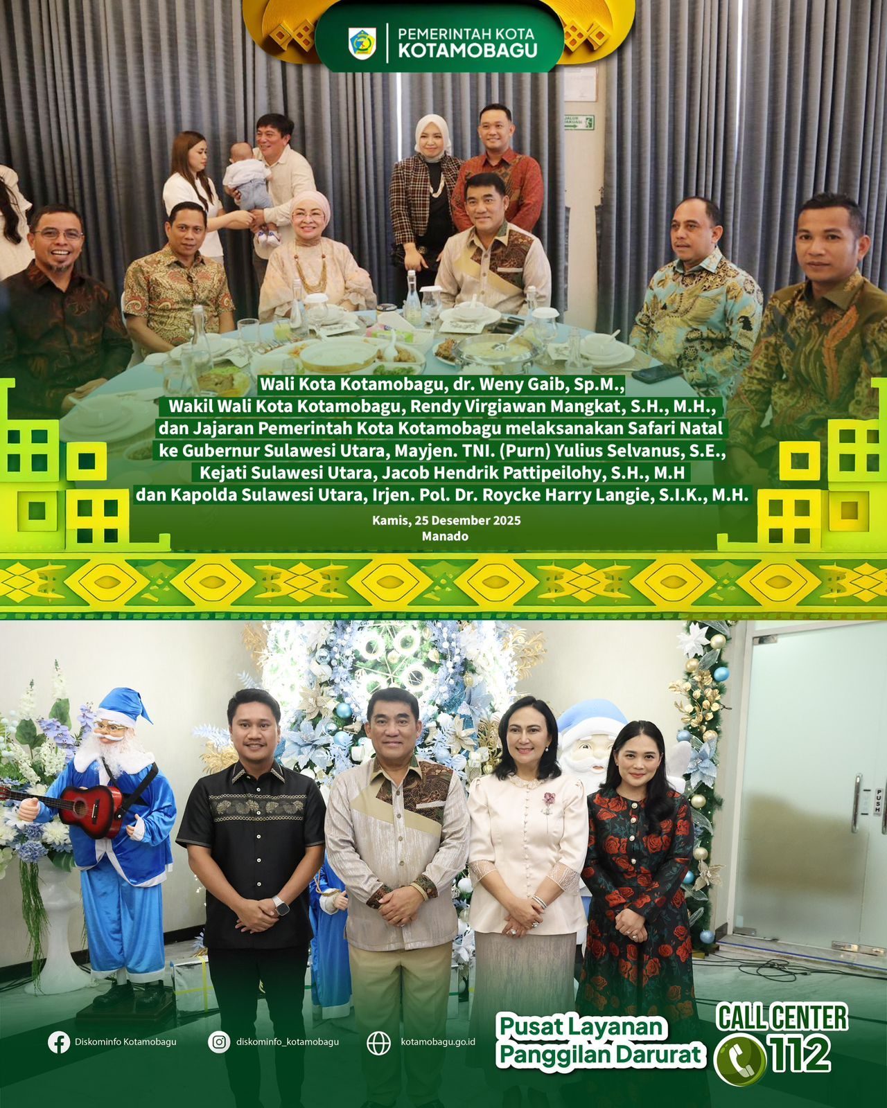 Wali Kota dan Wakil Wali Kota Kotamobagu Laksanakan Safari Natal ke Forkopimda Provinsi Sulawesi Utara