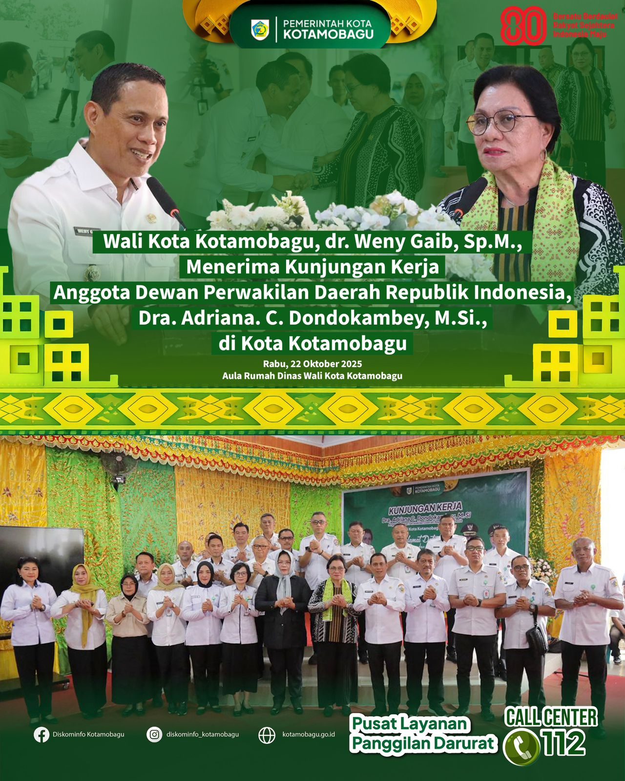 Wali Kota Kotamobagu Terima Kunjungan Kerja Anggota DPD RI, Dra. Adriana C. Dondokambey, M.Si