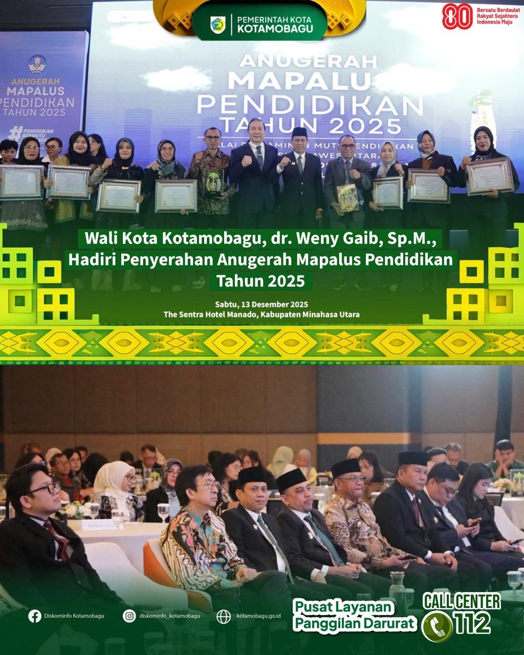 Wali Kota Kotamobagu Hadiri Penyerahan Anugerah Mapalus Pendidikan Tahun 2025