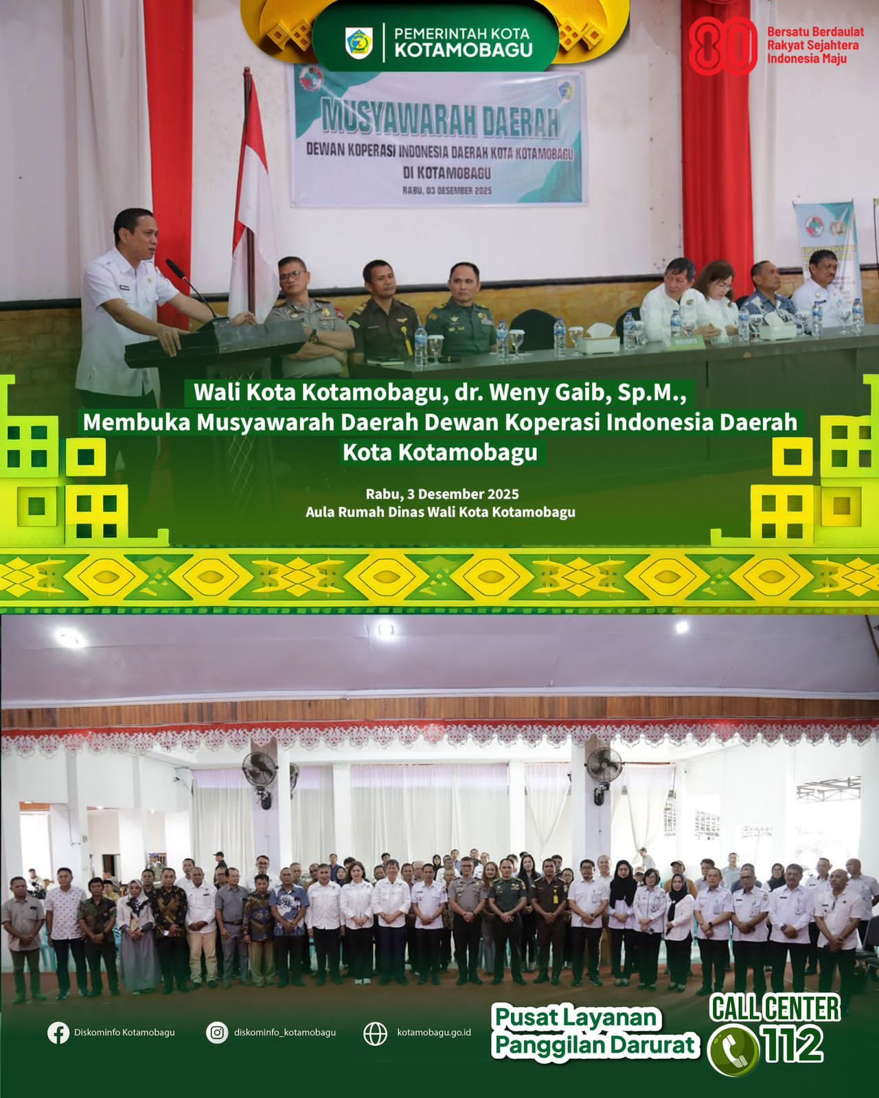 Wali Kota Kotamobagu Buka Musda Dekopinda Kota Kotamobagu Tahun 2025