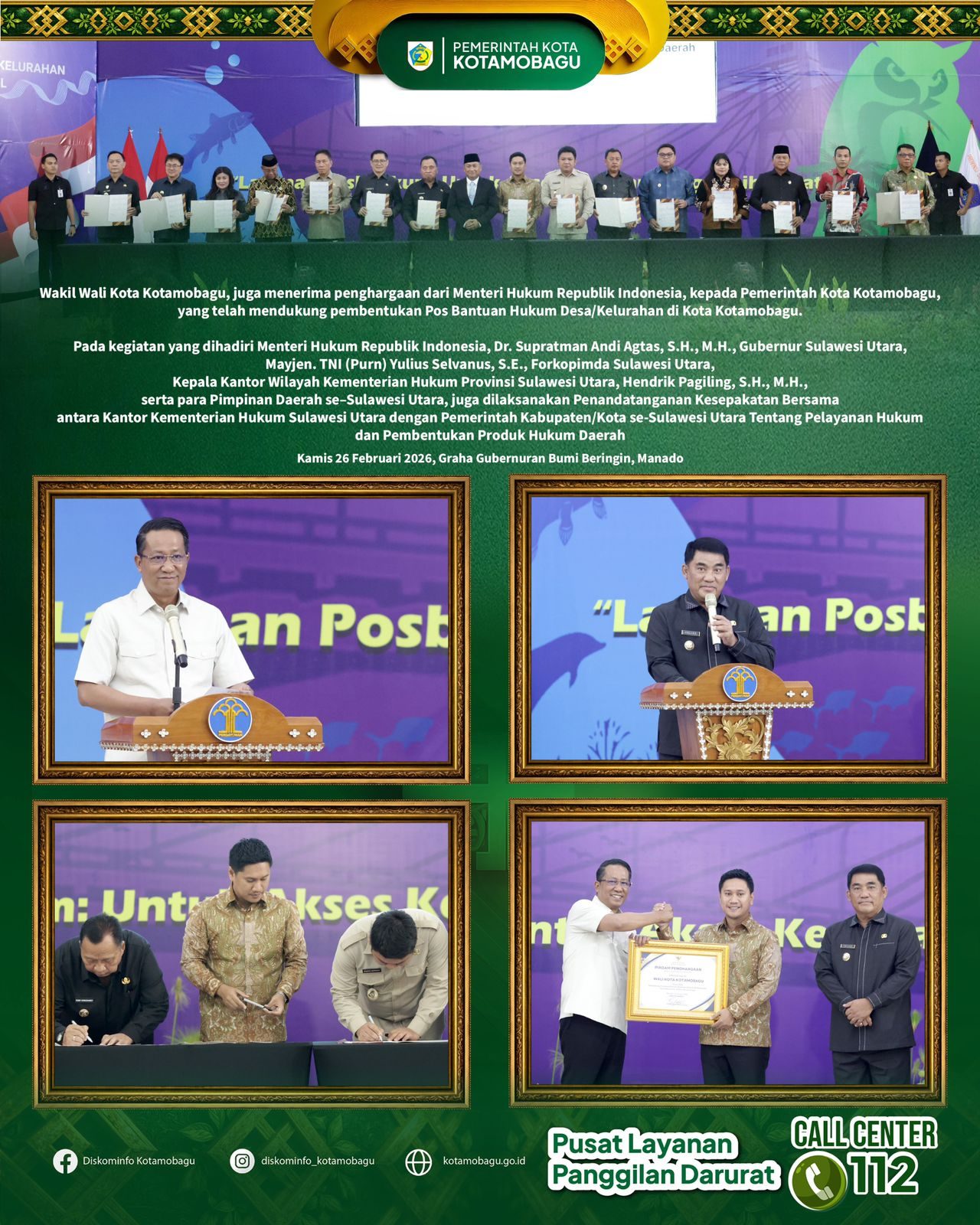 Wakil Wali Kota Kotamobagu Hadiri Peresmian Pos Bantuan Hukum dan Pembukaan Pelatihan Paralegal Desa/Kelurahan se-Sulut