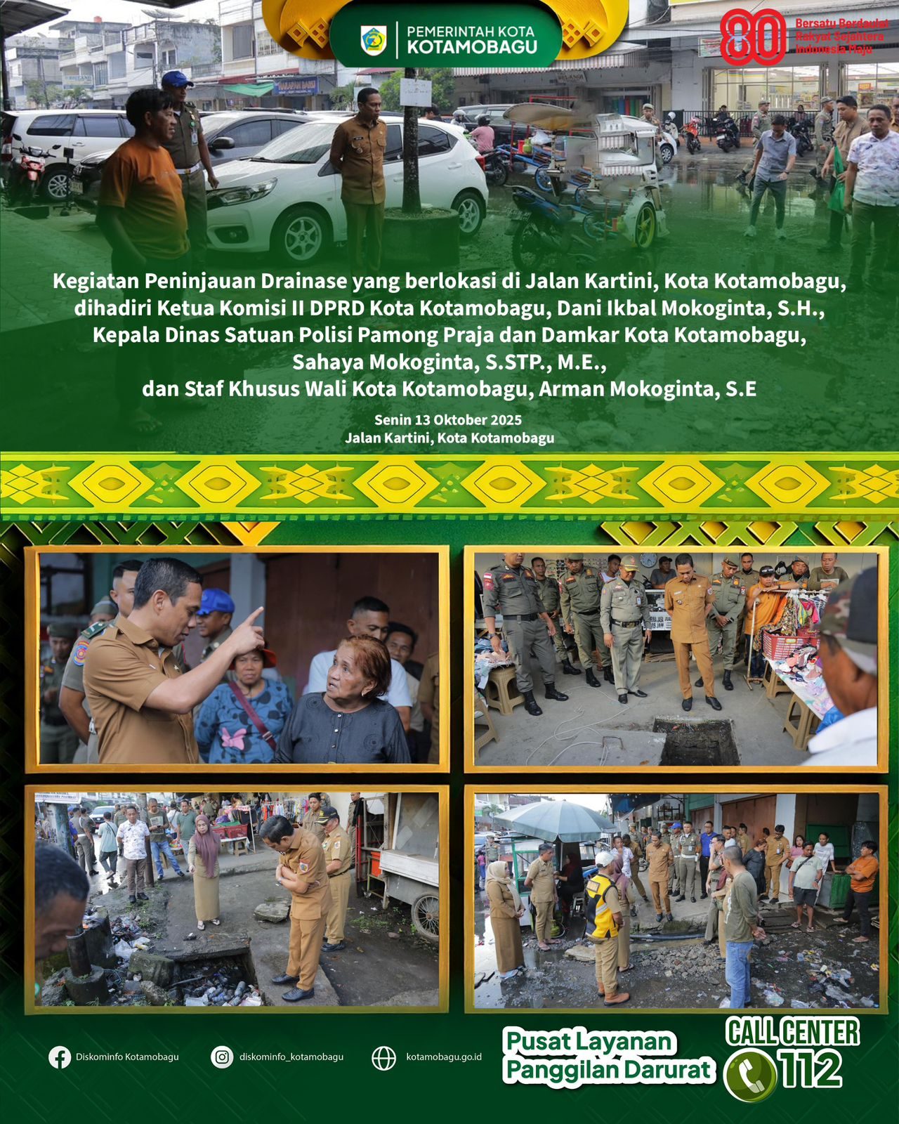 Wali Kota Kotamobagu, dr. Weny Gaib, Sp.M., meninjau Kondisi Drainase di Jalan Kartini, Kota Kotamobagu