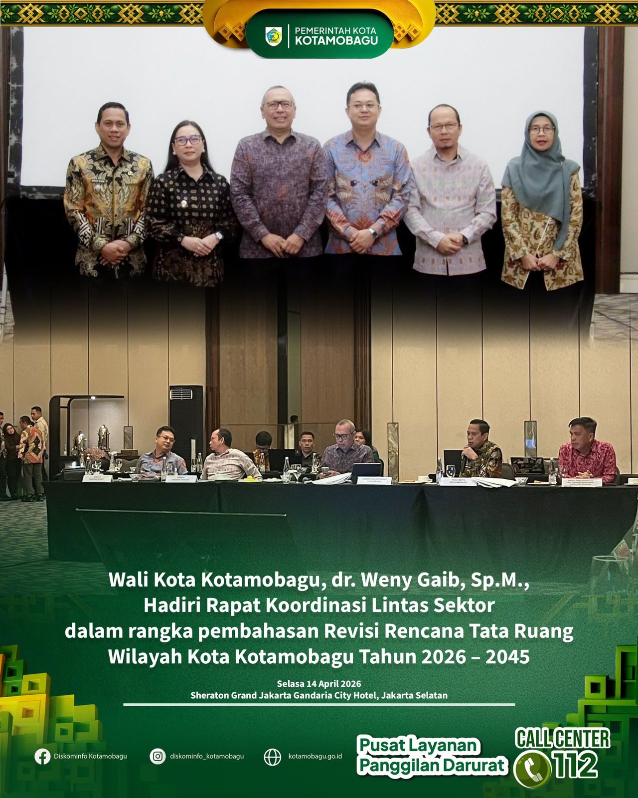 Wali Kota Kotamobagu, dr. Weny Gaib, Sp.M., menghadiri Rapat Koordinasi Lintas Sektor dalam rangka pembahasan revisi Rencana Tata Ruang Wilayah (RTRW) Kota Kotamobagu Tahun 2026–2045
