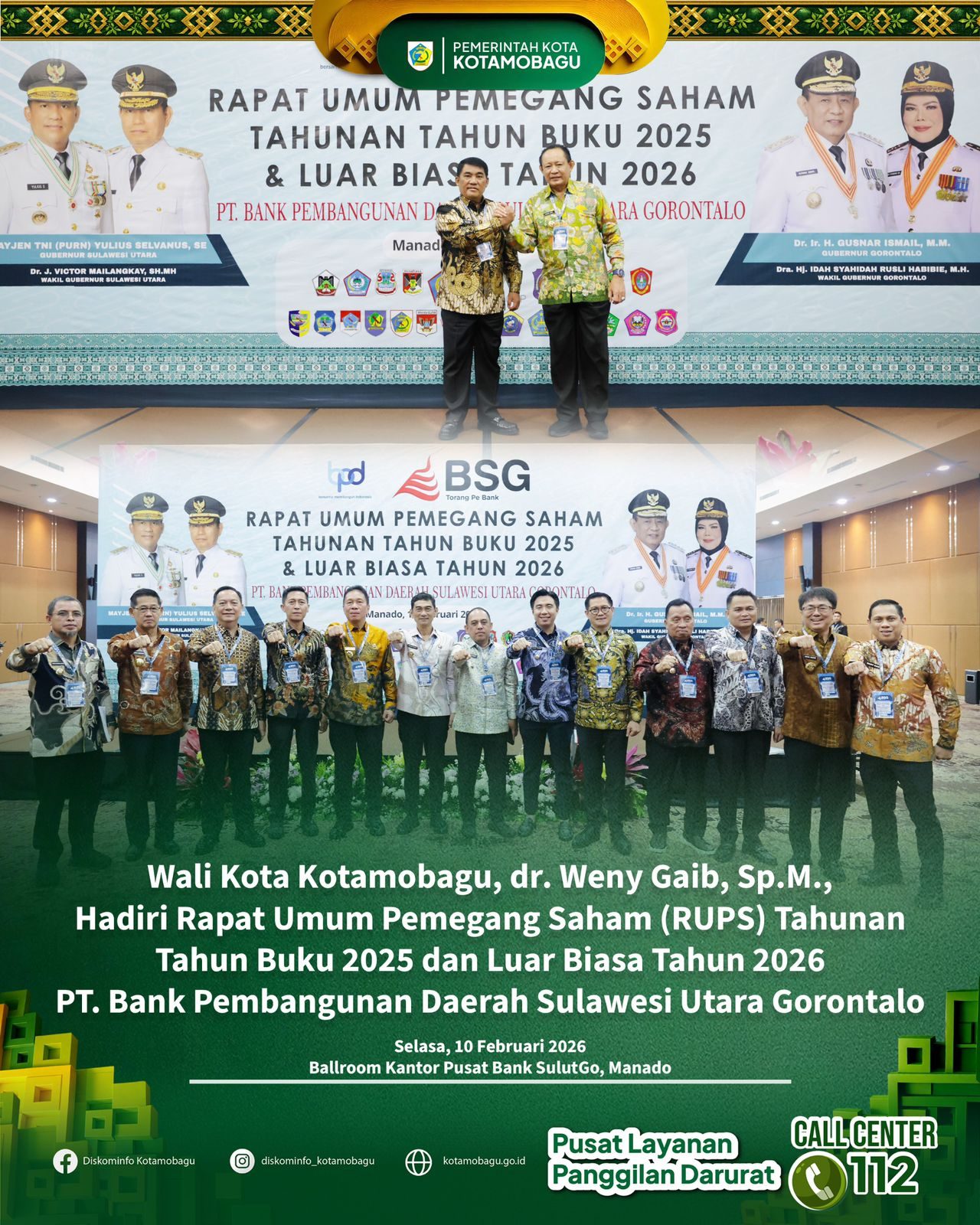 Wali Kota Kotamobagu Hadiri RUPS Tahunan 2025 dan Luar Biasa 2026 PT Bank SulutGo