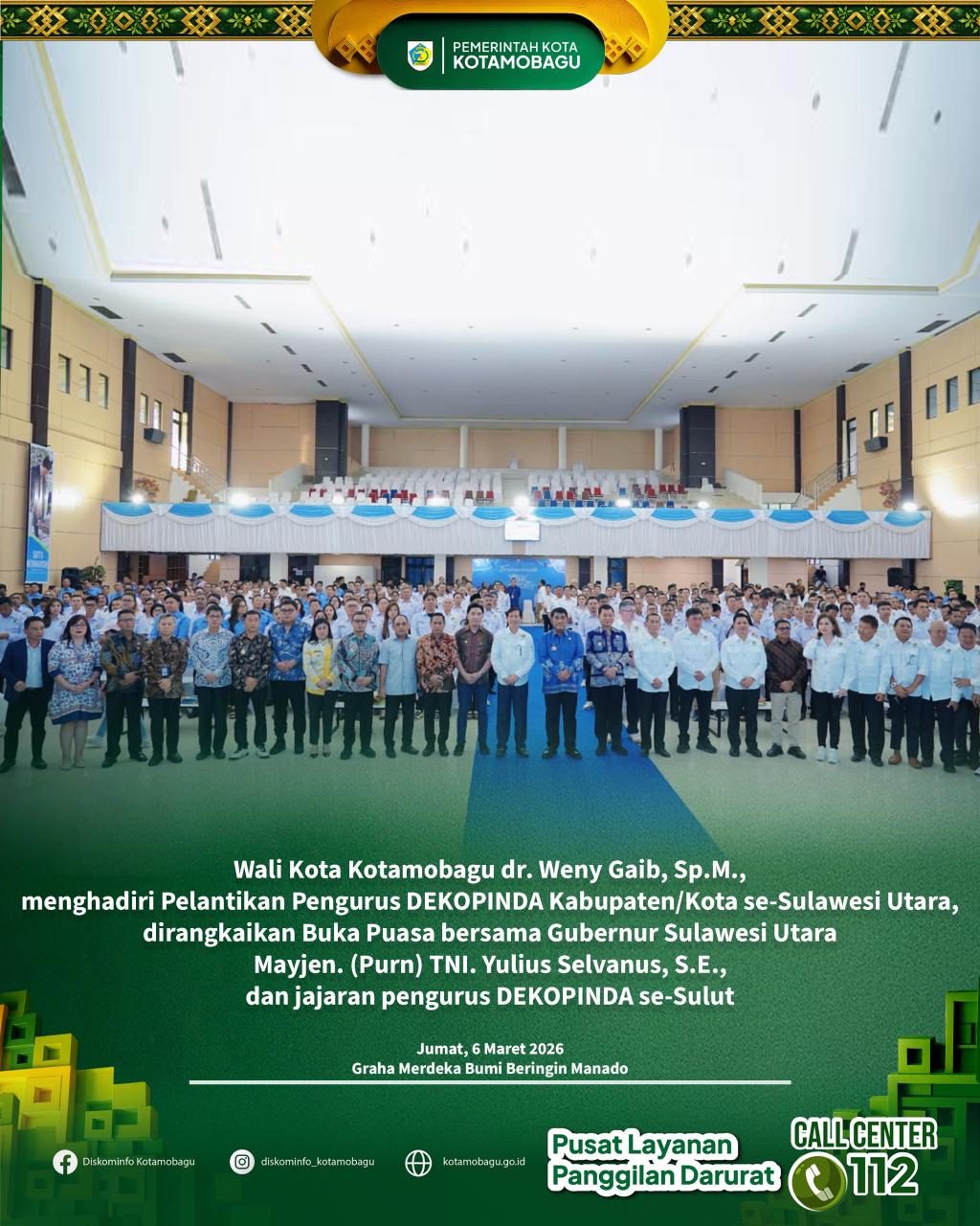Wali Kota Kotamobagu Hadiri Pelantikan Pengurus Dekopinda Kabupaten/Kota se-Sulut Dirangkaikan Buka Puasa Bersama