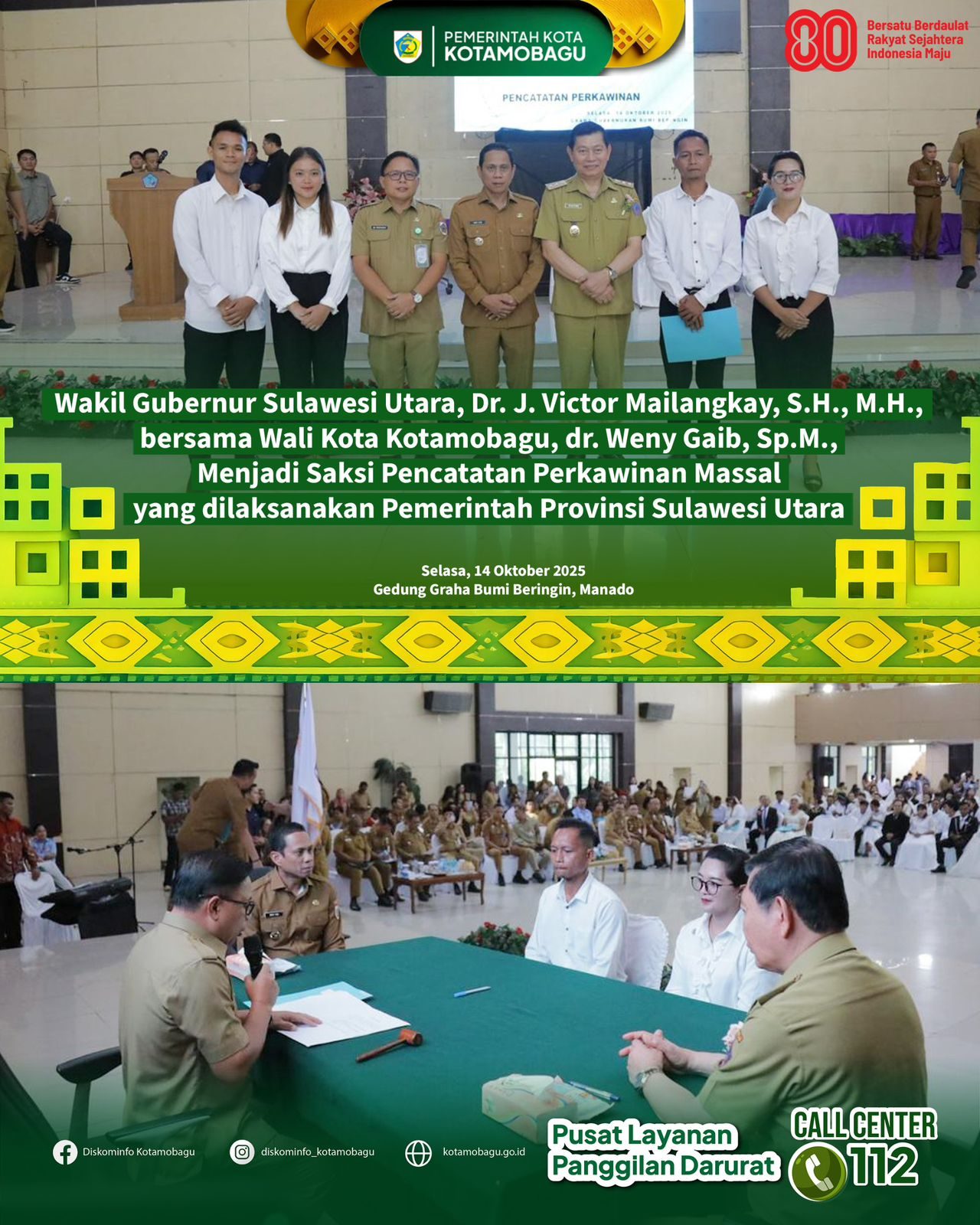 Wakil Gubernur Sulawesi utara dan Wali Kota Kotamobagu Jadi Saksi Perkawinan Massal di Manado