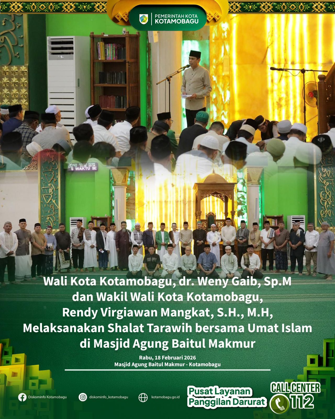 Wali Kota dan Wakil Wali Kota Kotamobagu Shalat Tarawih Bersama di Masjid Agung Baitul Makmur
