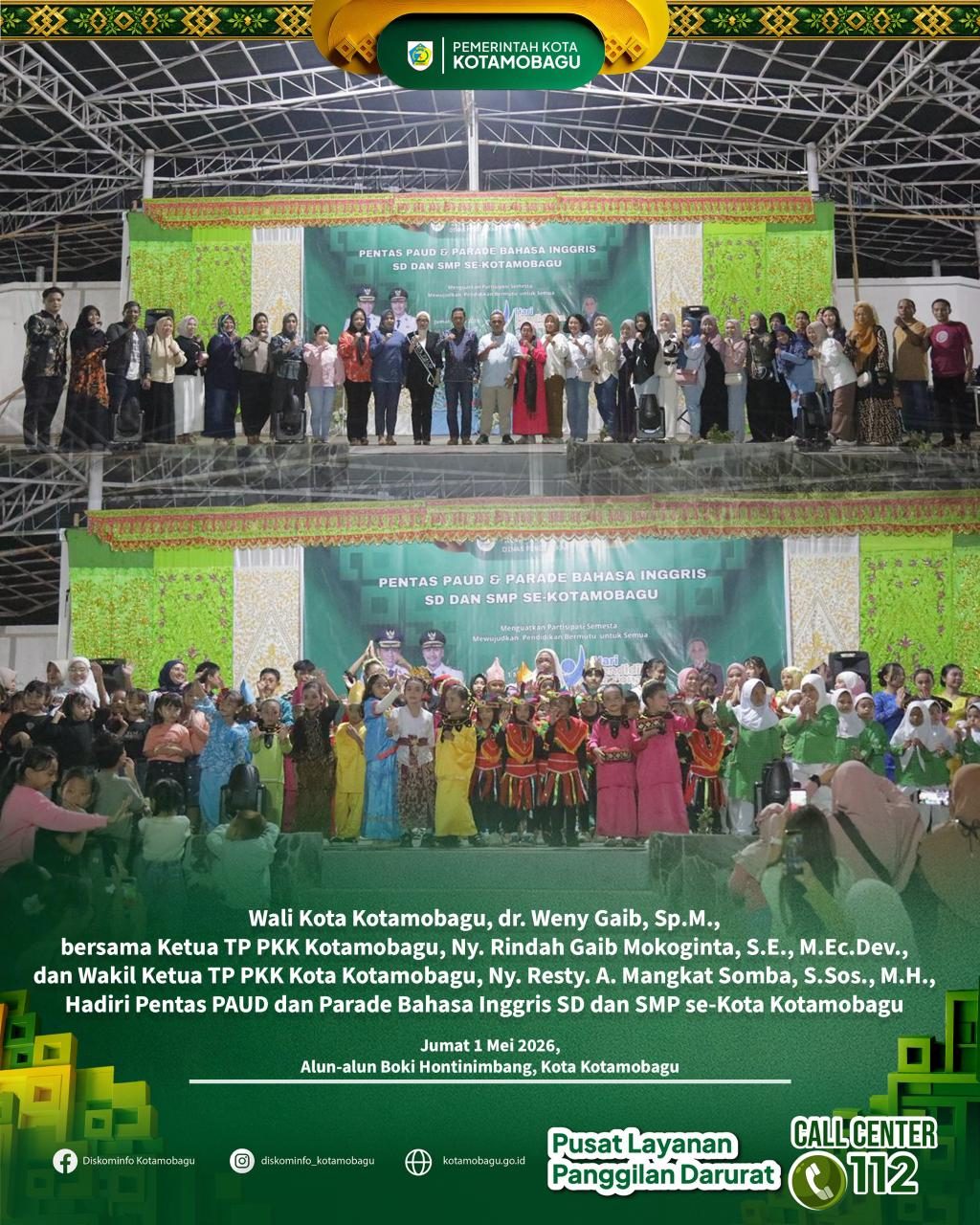 Wali Kota Kotamobagu Hadiri Pentas PAUD dan Parade Bahasa Inggris Tingkat SD dan SMP