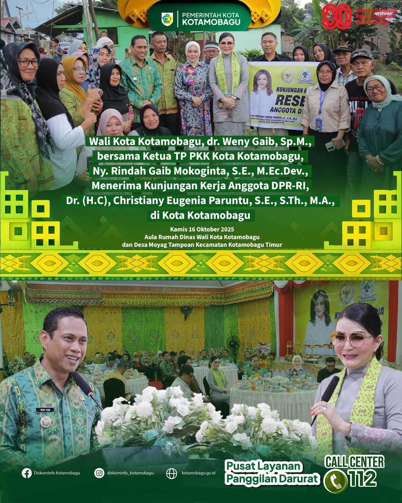 Wali Kota Kotamobagu Terima Kunjungan Kerja Anggota DPR-RI, Dr. (H.C) Christiany Eugenia Paruntu