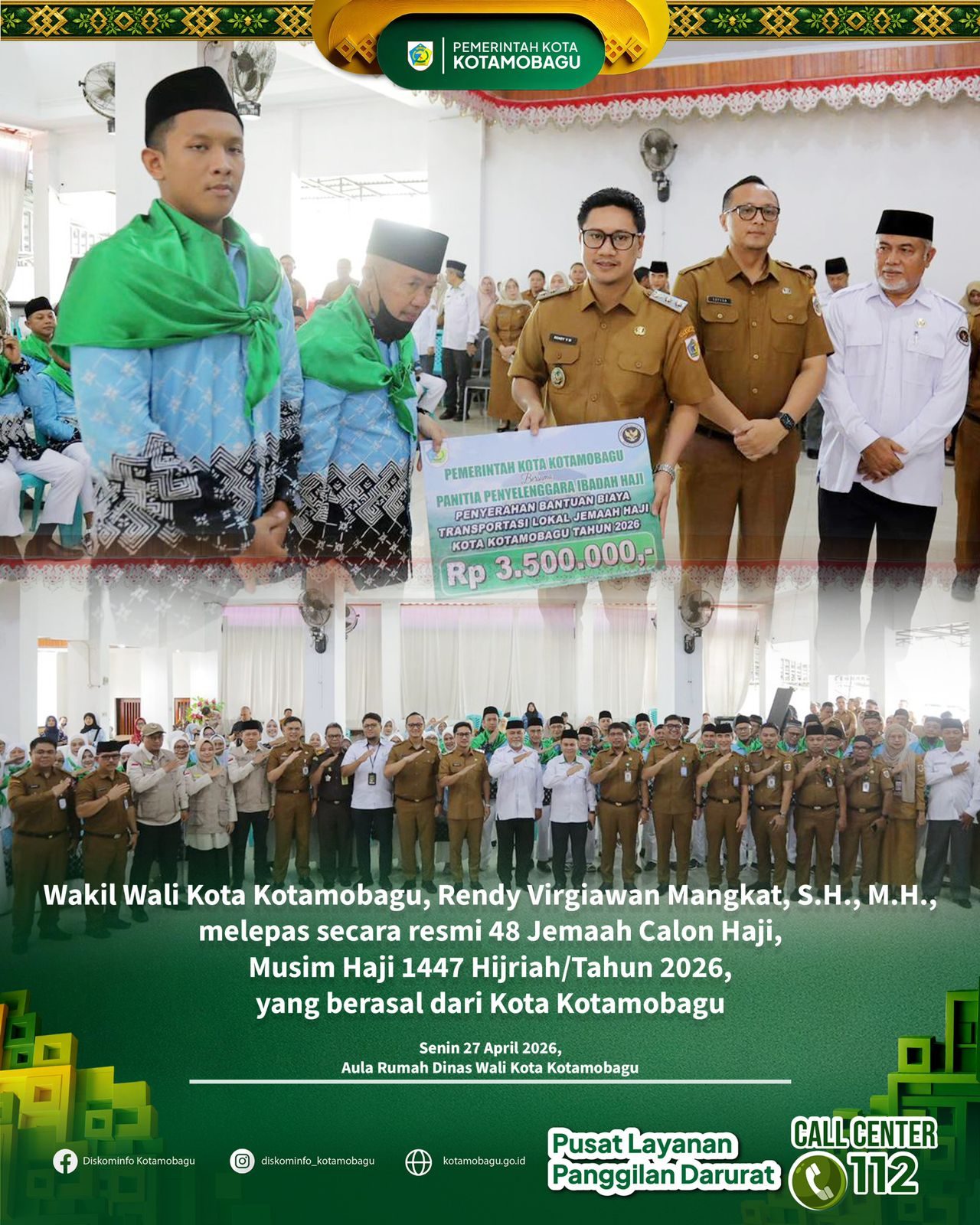 Wakil Wali Kota Kotamobagu, Rendy Virgiawan Mangkat, S.H., M.H., secara resmi melepas 48 Jemaah Calon Haji (JCH) asal Kota Kotamobagu