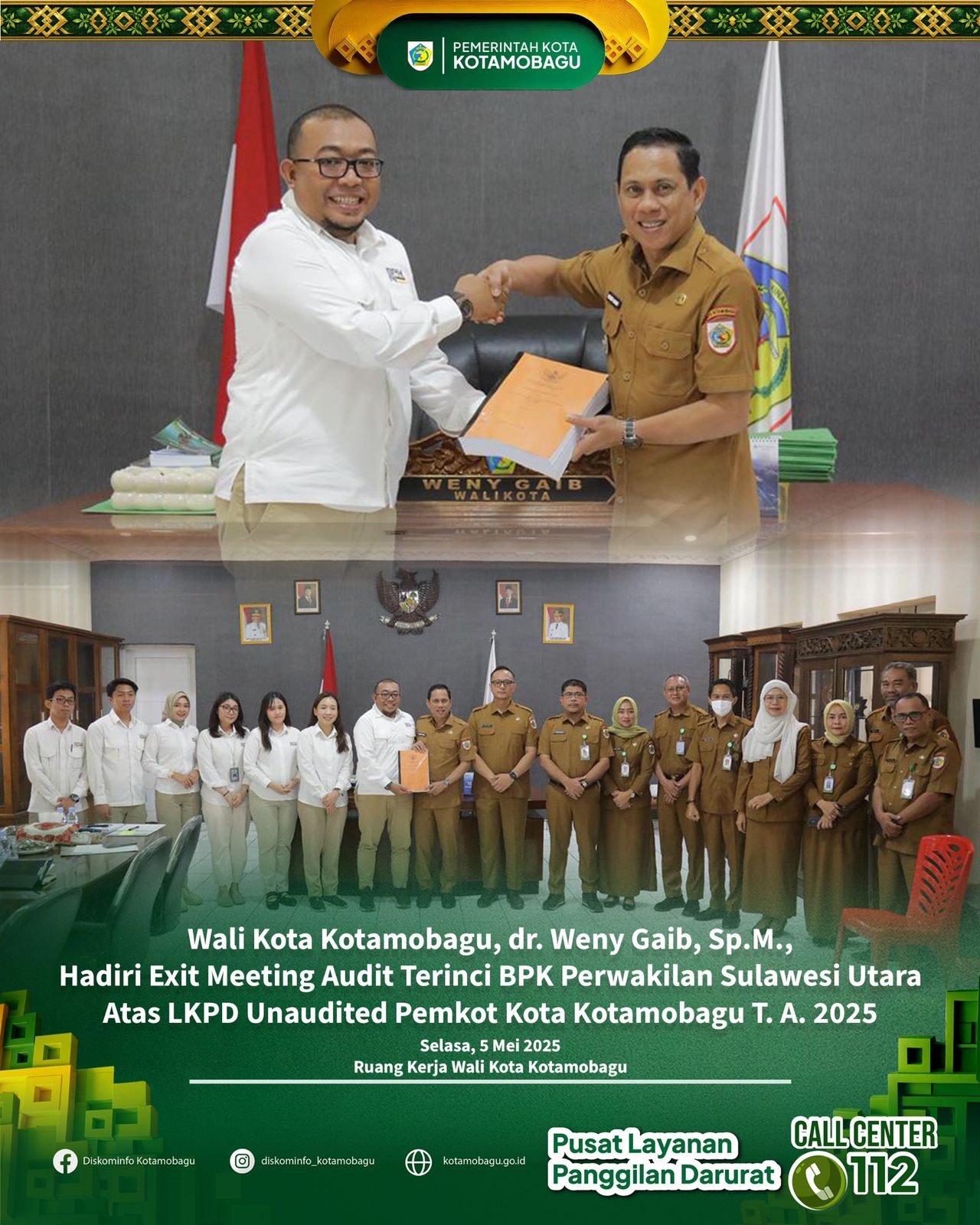 Wali Kota Kotamobagu, dr. Weny Gaib, Sp.M., menghadiri Exit Meeting Audit Terinci Badan Pemeriksa Keuangan (BPK) Perwakilan Provinsi Sulawesi Utara