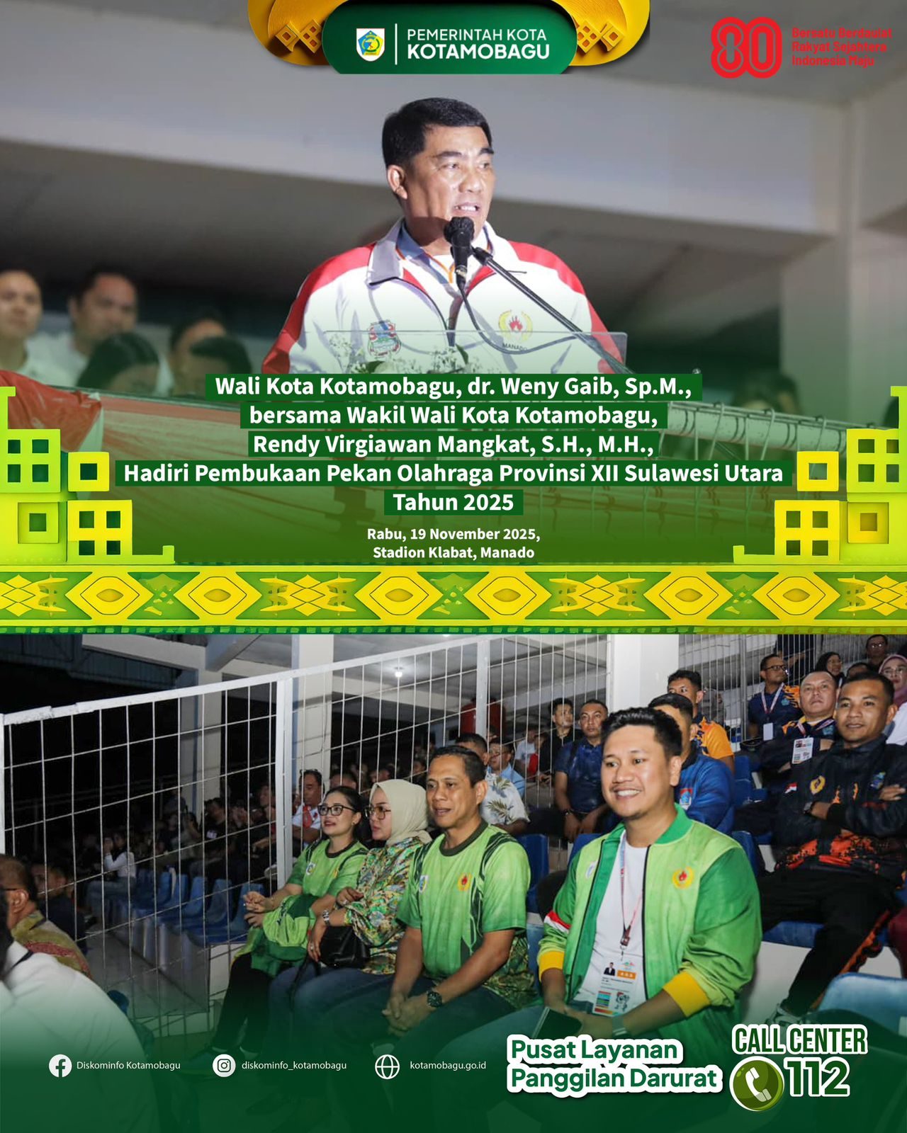 Wali Kota Kotamobagu Hadiri Pembukaan Porprov XII Sulut Tahun 2025 di Stadion Klabat Manado