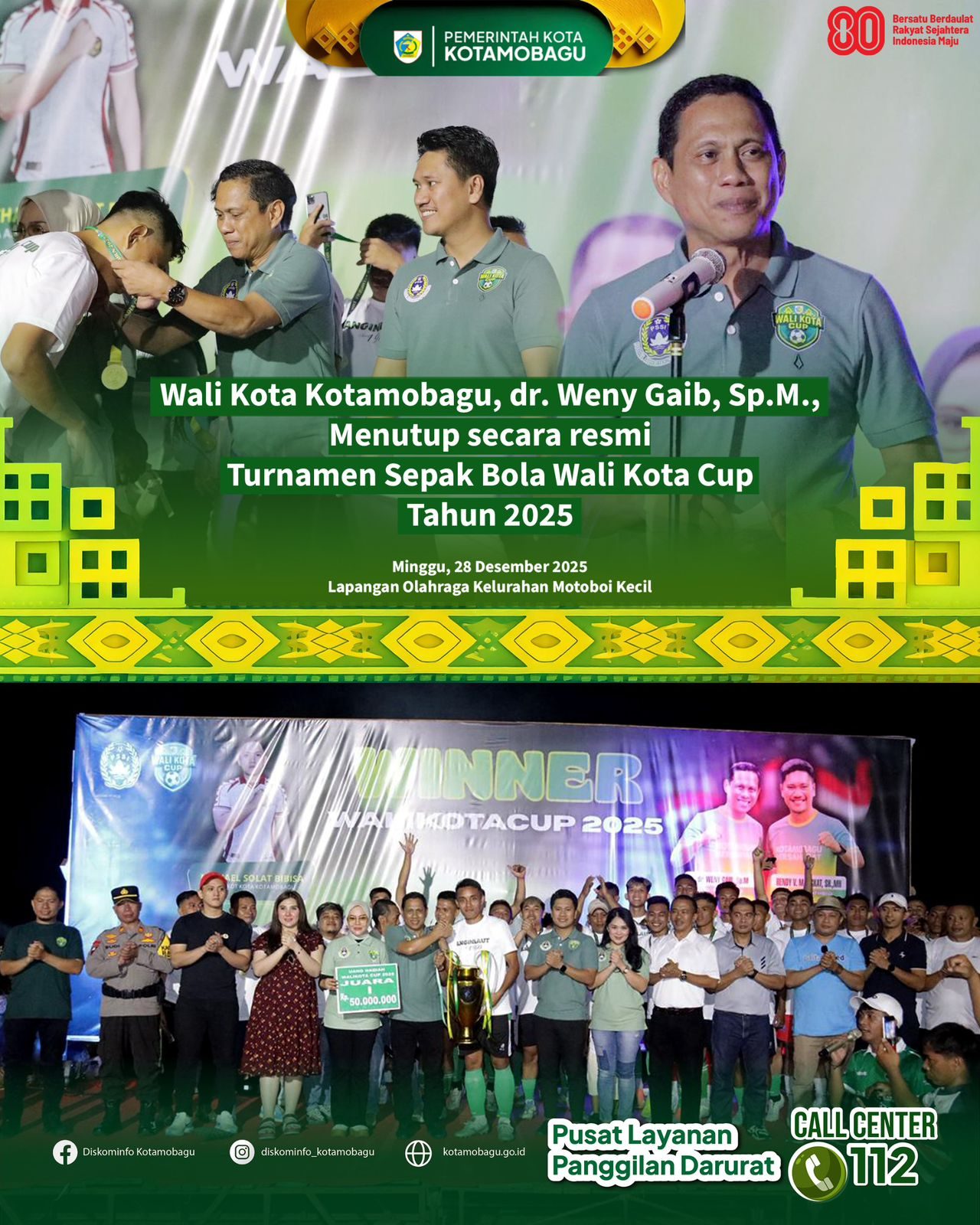 Wali Kota Kotamobagu Resmi Tutup Turnamen Sepak Bola Wali Kota Cup Tahun 2025