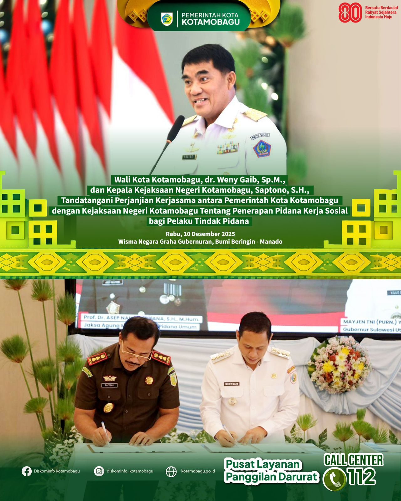 Wali Kota Kotamobagu dan Kajari Tandatangani Perjanjian Kerja Sama Penerapan Pidana Kerja Sosial