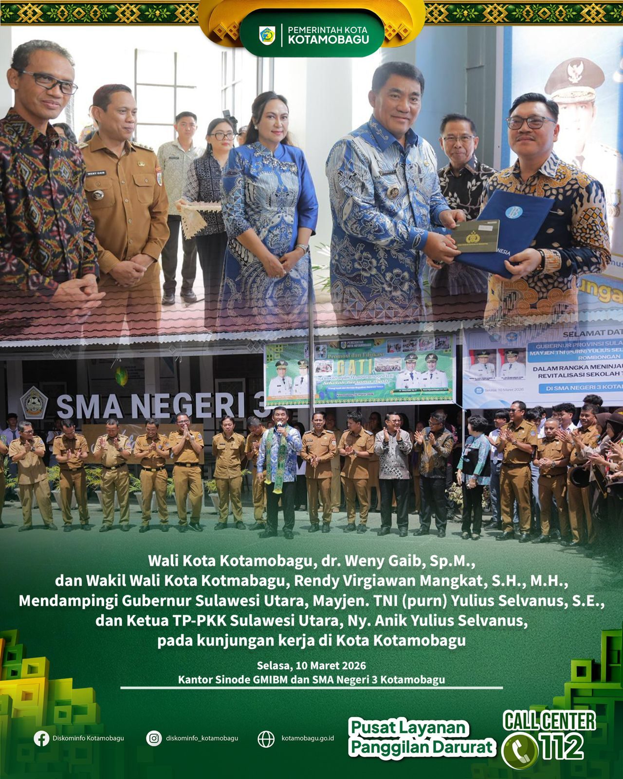 Wali Kota dan Wakil Wali Kota Kotamobagu Dampingi Gubernur Sulut dalam Kunjungan Kerja dan Penyerahan Bantuan Mobil dari Bank Indonesia
