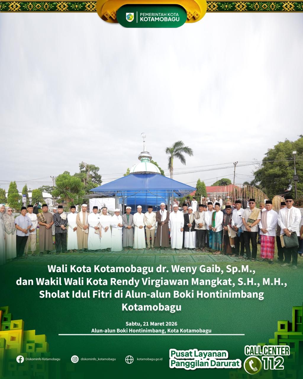 Wali Kota dan Wakil Wali Kota Kotamobagu Laksanakan Sholat Idul Fitri di Alun-alun Boki Hontinimbang