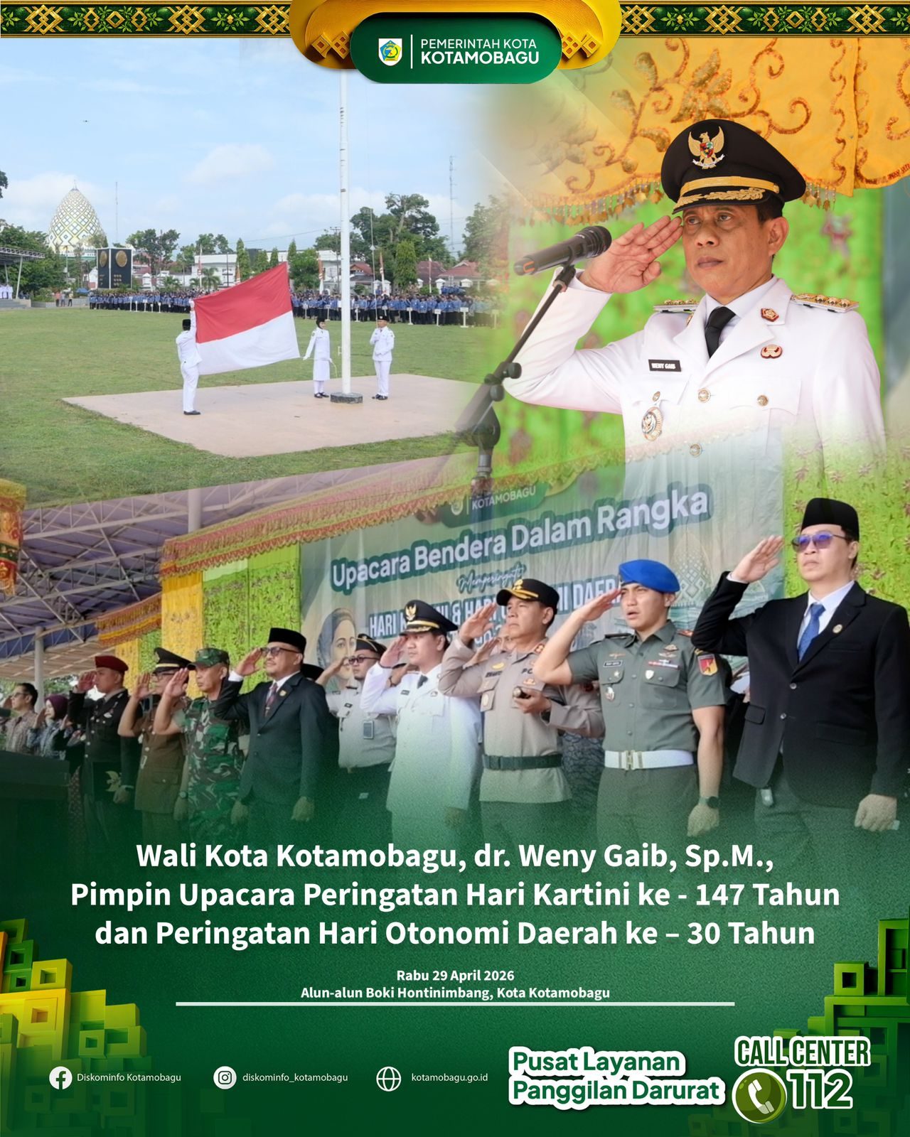 Wali Kota Kotamobagu Pimpin Upacara Peringatan Hari Kartini ke-147 dan Hari Otonomi Daerah ke-30