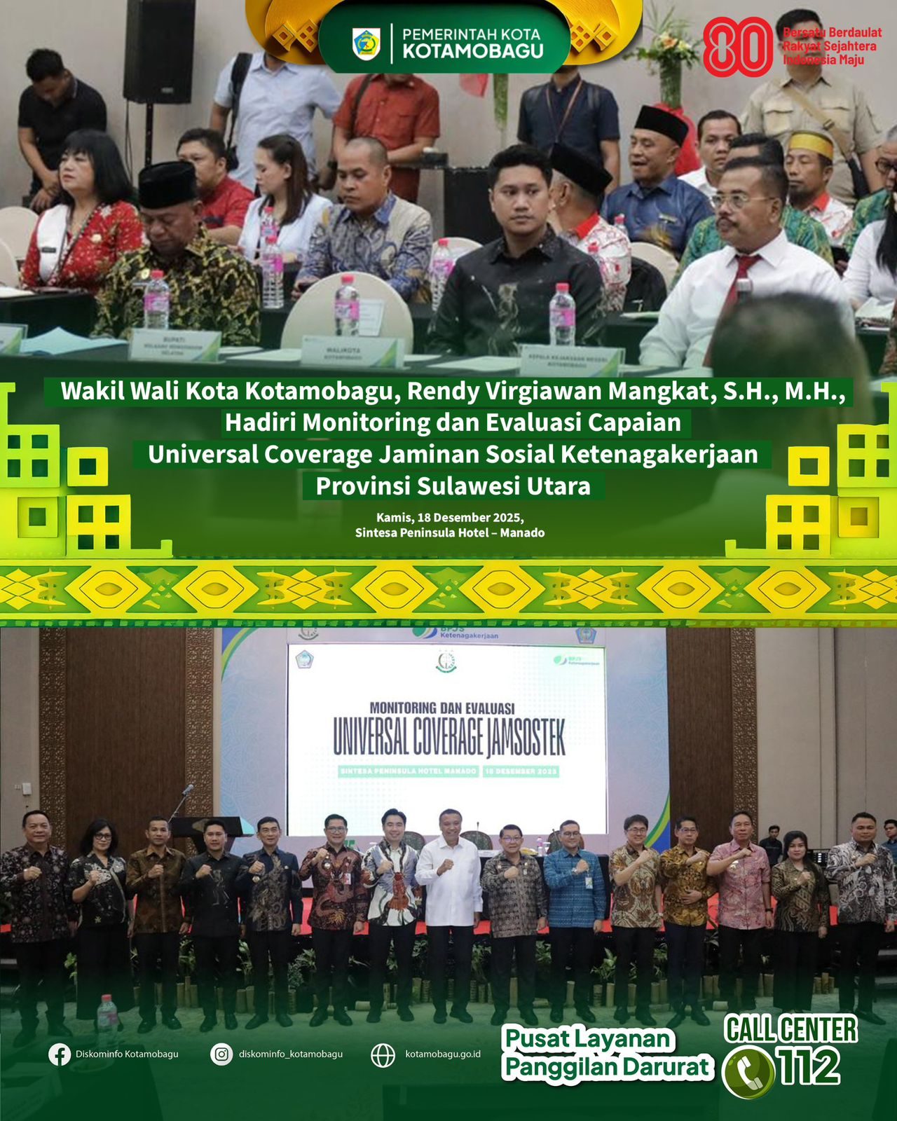 Wakil Wali Kota Kotamobagu Hadiri Monitoring dan Evaluasi Capaian Universal Coverage Jaminan Sosial Ketenagakerjaan Provinsi Sulut