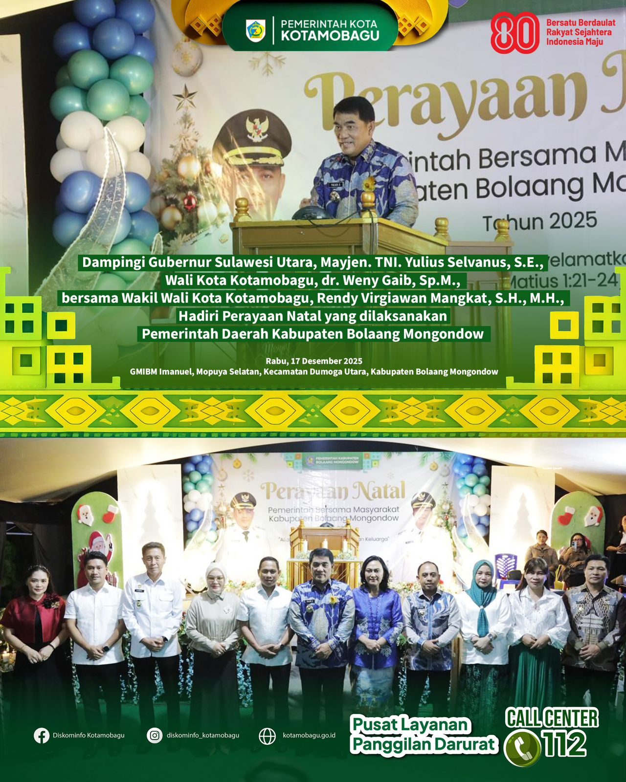 Wali Kota Kotamobagu Dampingi Gubernur Sulut Hadiri Perayaan Natal Pemkab Bolmong