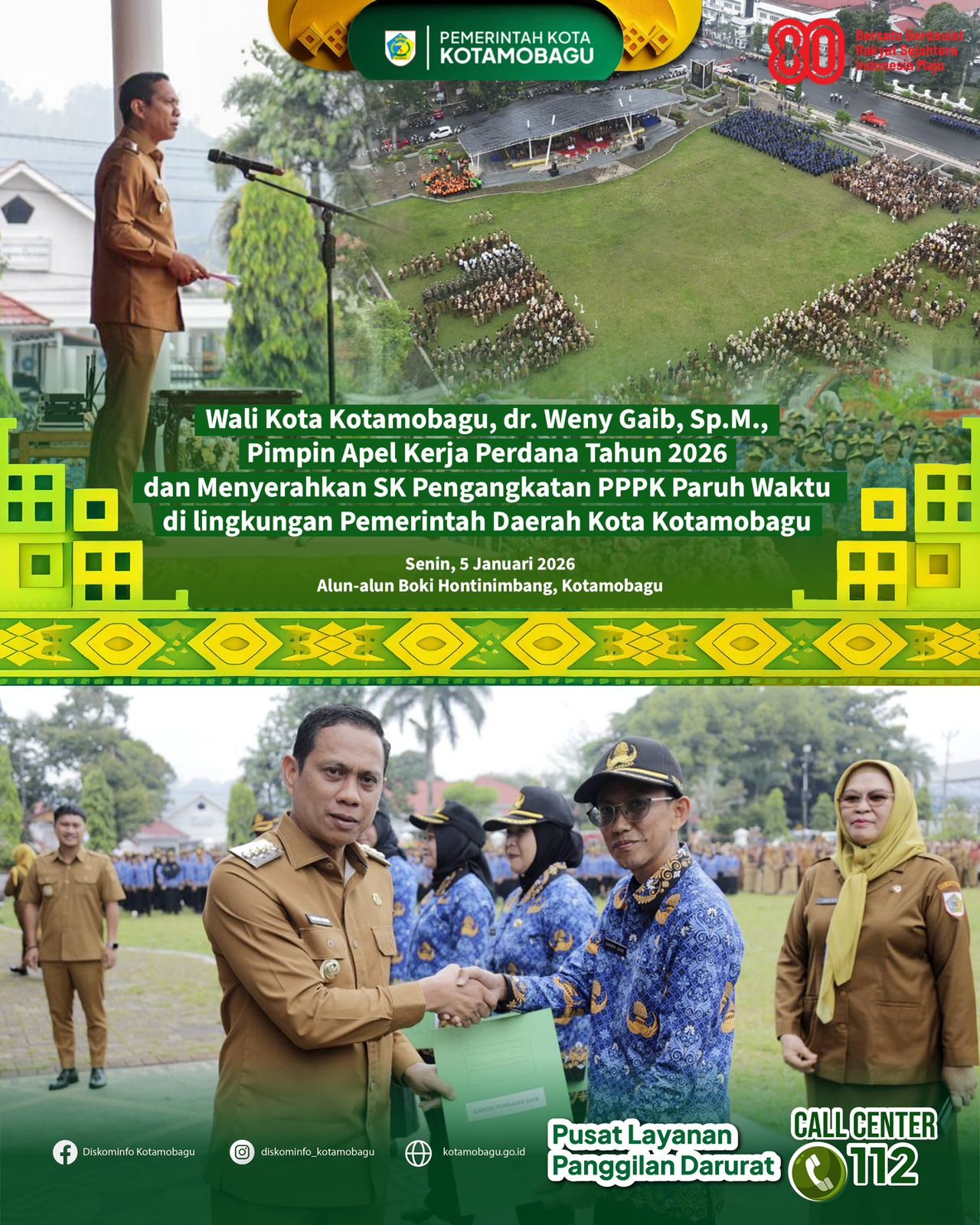 Wali Kota Kotamobagu Pimpin Apel Kerja Perdana Tahun 2026 dan Serahkan SK Pengangkatan PPPK Paruh Waktu