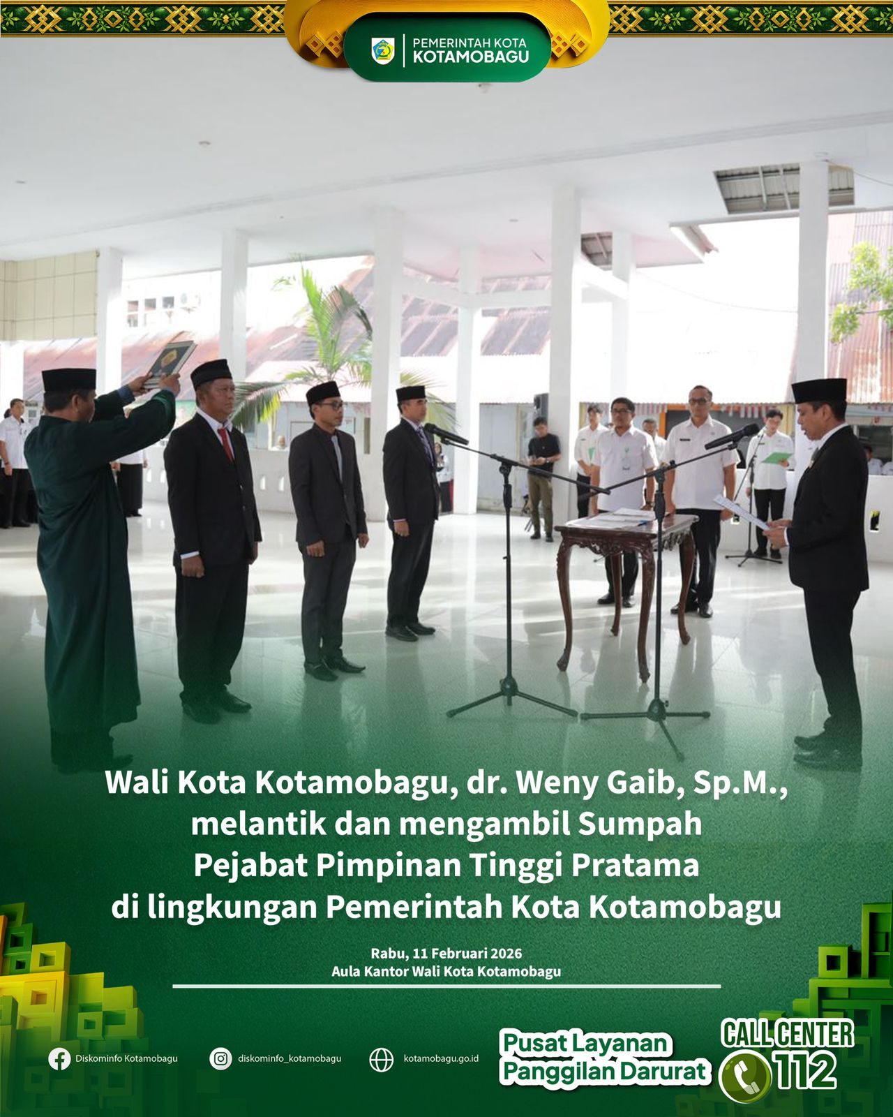 Wali Kota Kotamobagu Lantik dan Ambil Sumpah Pejabat Pimpinan Tinggi Pratama