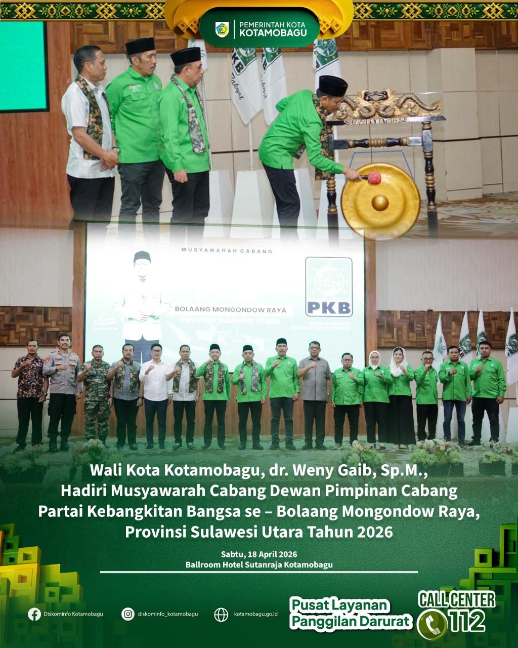 Wali Kota Kotamobagu, dr. Weny Gaib, Sp.M., menghadiri kegiatan Musyawarah Cabang (Muscab) Dewan Pimpinan Cabang Partai Kebangkitan Bangsa (PKB) se-Bolaang Mongondow Raya, Provinsi Sulawesi Utara Tahun 2026