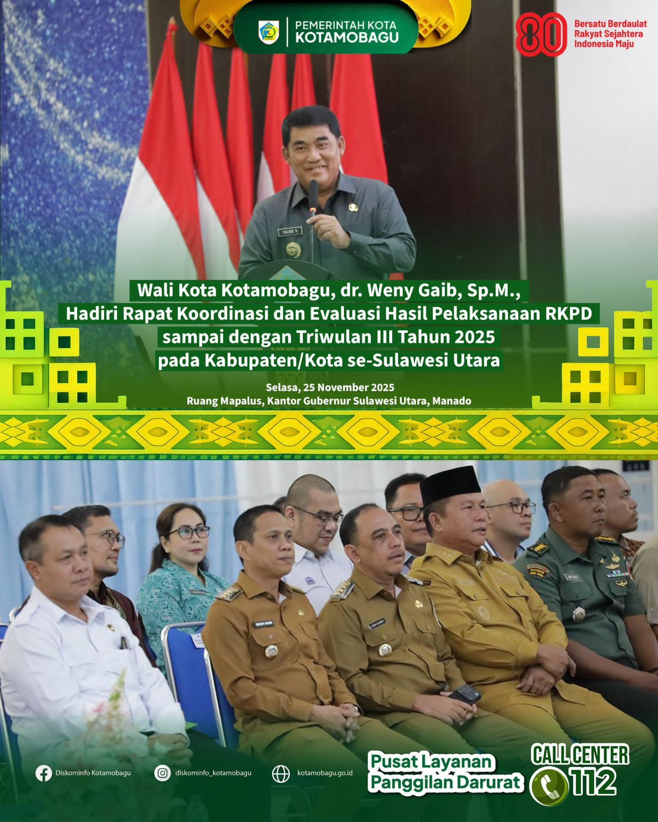 Wali Kota Kotamobagu Hadiri Rapat Koordinasi dan Evaluasi RKPD Triwulan III Tahun 2025 di Manado