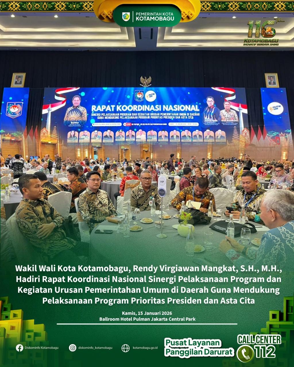 Wakil Wali Kota Kotamobagu Hadiri Rakornas Sinergi Pelaksanaan Program Pemerintahan Umum di Jakarta