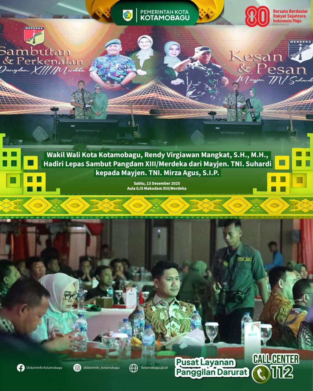 Wakil Wali Kota Kotamobagu Hadiri Lepas Sambut Pangdam XIII/Merdeka